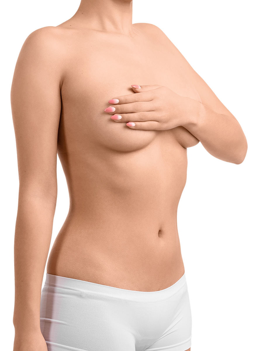 Woman covering her breast with her hand and arm